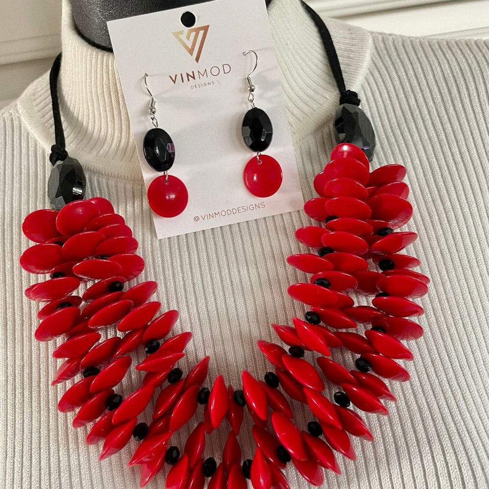 VINMOD Designs Red & Black 2-Tiered Necklace & Earring Set 23" - 25"